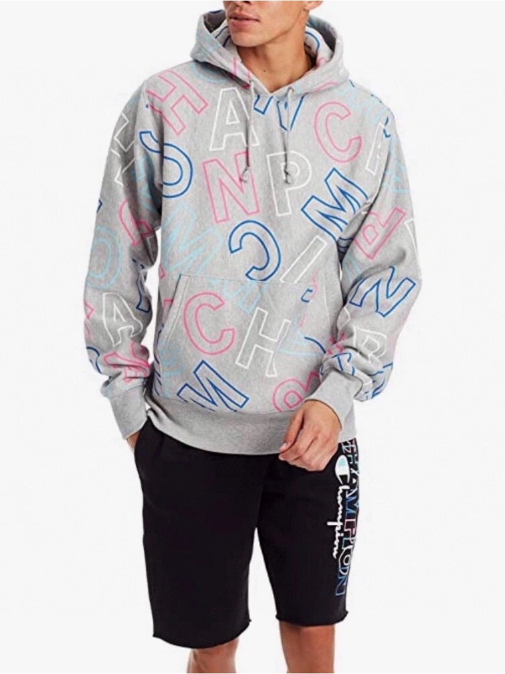 Champion Reverse Weave All Over Print (AOP) Block Logo Hoodie in Grey Men M